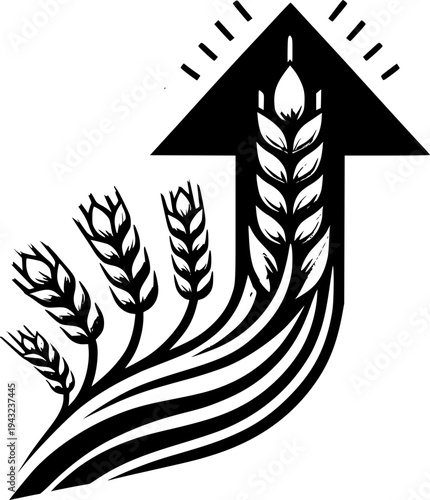 Rising Harvest: An upward arrow sprouting from stalks of grain, representing growth and agricultural success.