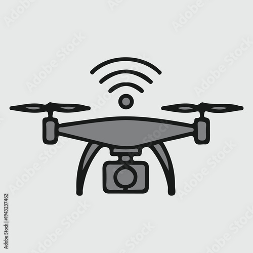 Minimalist drone icon with Wi-Fi signal, aerial photography, remote control, unmanned aircraft system vector.