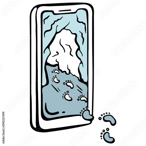 Smartphone addiction and internet obsession icon. Footprints escaping reality into a mobile phone screen cave. Hand drawn doodle style.