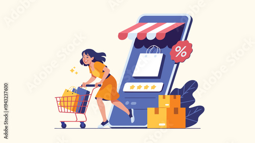 Smiling woman shopper runs with a shopping cart full of bags next to a mobile retail store