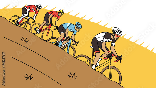 Vector illustration of cyclists racing downhill, mountain bike race illustration, extreme sport