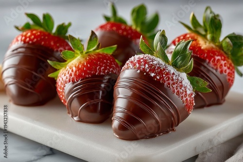 chocolate covered strawberries on a white marble board