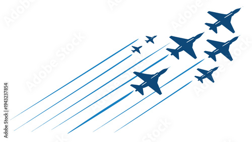 Vector illustration of aviation team formation flying jets in blue with streaks