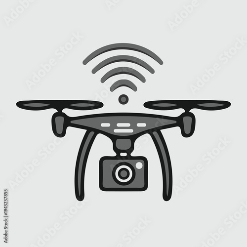Minimalist drone icon with Wi-Fi signal, aerial photography, remote control, unmanned aircraft system vector.