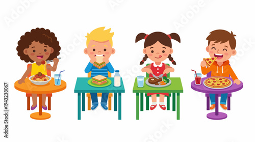 Diverse Group of Happy Children Enjoying Healthy Meals at Table – Cartoon Illustration of Kids Eating Various Foods with Joy and Appetite