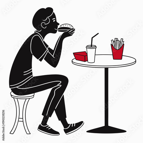 Silhouette person eating hamburger sitting at table with french fries drink and small box on white background line art