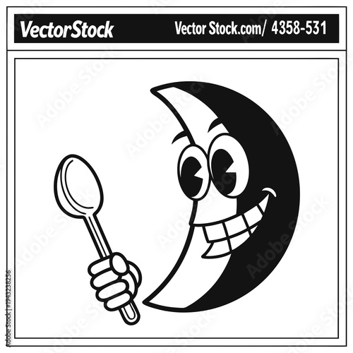 Crescent moon mascot holding a spoon showing a wide toothy smile for bedtime snack themes or nighttime cereal brand advertising vector illustration