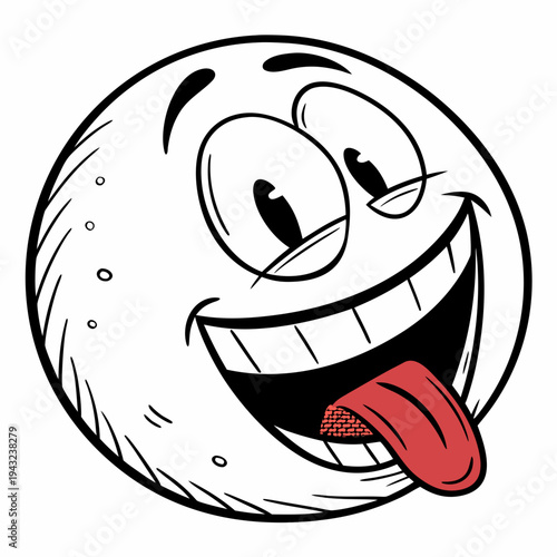Funny cartoon moon with silly face and sticking out tongue isolated on white background, playful character design, happy expressive emotion, simple illustration
