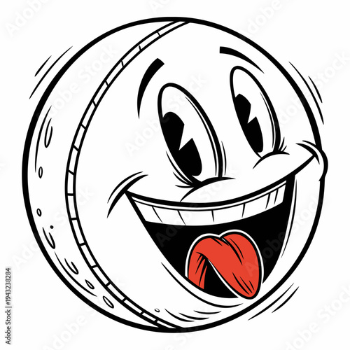 Wacky cartoon moon character with happy smile and tongue out, dynamic motion lines, isolated on white background, fun expressive face, playful doodle art