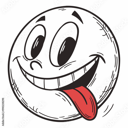 Retro style cartoon face with large eyes and wide grin showing red tongue and small nose in classic hand drawn ink sketch for vintage comic design