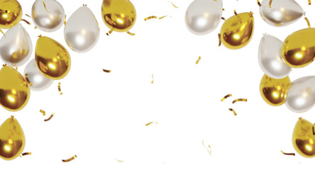 Golden and white balloons with falling confetti isolated on transparent background