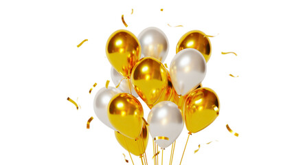 Golden and white balloons with falling confetti isolated on transparent background