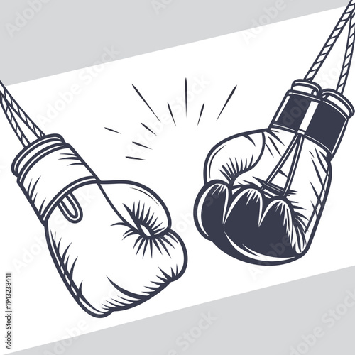 Hanging boxing gloves illustration in vintage woodcut style with decorative rays isolated on white background symbol of retirement or end of career
