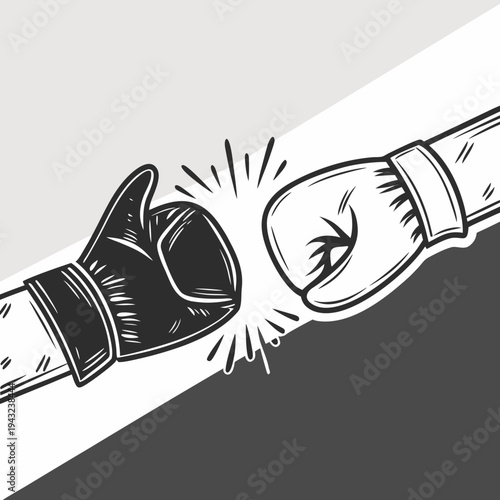 Pair of boxing gloves making contact in punch gesture with motion lines background diagonal split design black and white hand drawn vector artwork