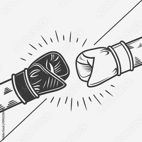 Retro style boxing gloves hitting each other in competition match with sunburst rays black and white vector illustration for sport club or poster