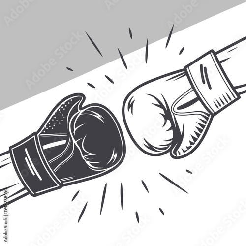 Frontal view of boxing gloves clashing together with radiating lines representing impact force black and white minimalist vector graphics for poster