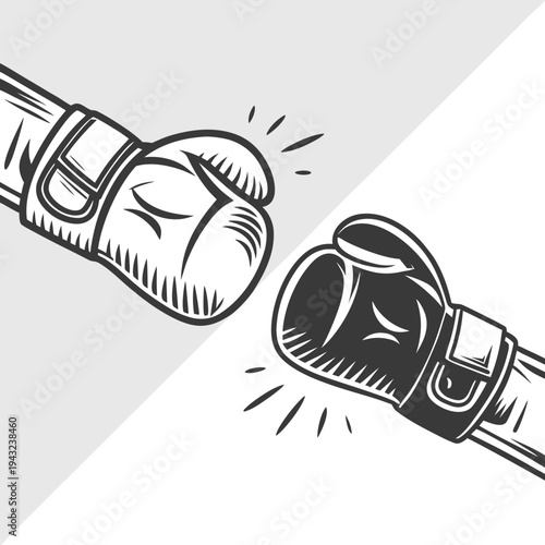Dynamic boxing gloves fist bump gesture on two tone background showing sportsmanship and mutual respect in competition black and white vector design