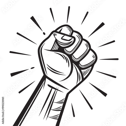 Fist up in a dynamic action, protest symbol, black and white line art vector graphic illustration for powerful design concept