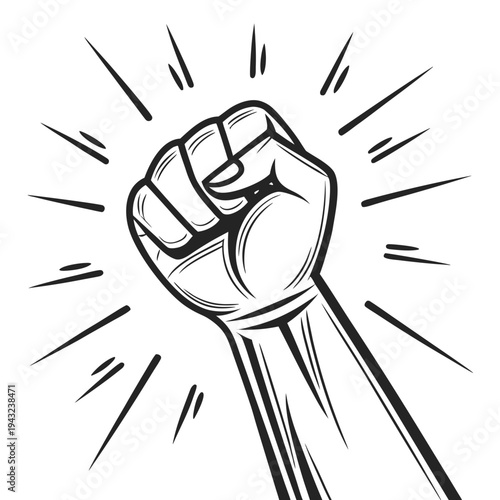 Fist up in a dynamic action with radiating lines, powerful symbol of protest, black and white line art vector illustration