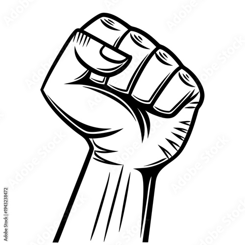 Strong raised fist, a simple yet powerful symbol of defiance and unity, black and white vector outline illustration