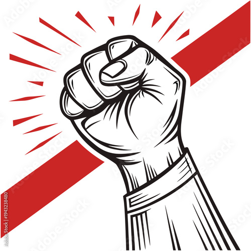 Fist raised in defiance protest symbol clenched power strength revolution victory fist raised arm red lines background triumph gesture victory solidarity