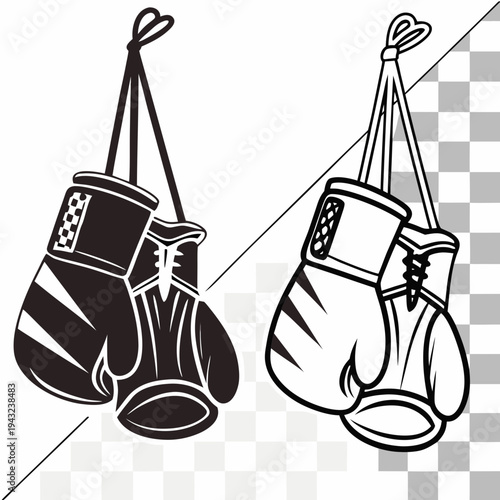 Boxing gloves hanging on hook pair fighting sport equipment black and white outline retro style vintage design isolated on white background sport