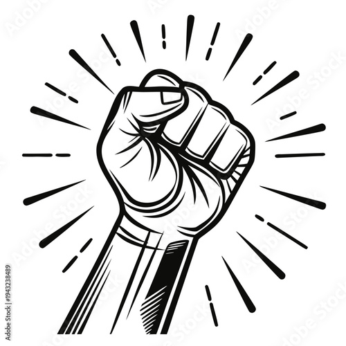 Fist up with radiating lines and expressive marks, powerful symbol of protest and determination, black and white vector art