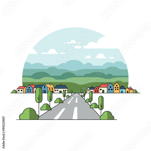 Colorful Cartoon Houses Along Roadside.