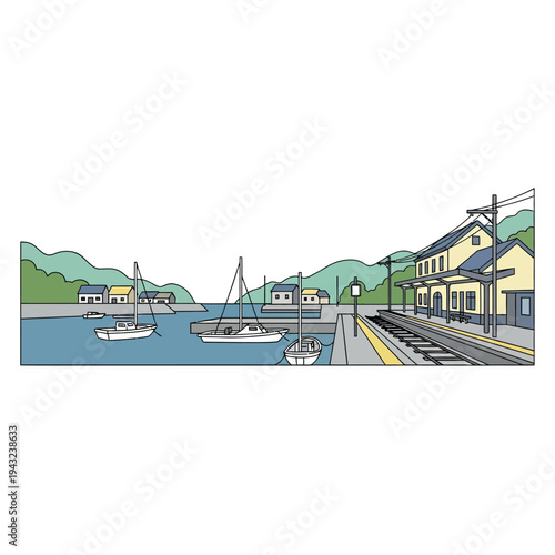Illustration of Train Station by Waterfront.