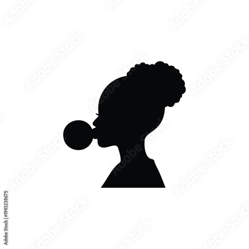 Afro girl blowing bubble gum silhouette icon vector flat design.