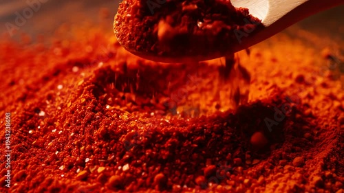 Close up of red powder and wooden spoon