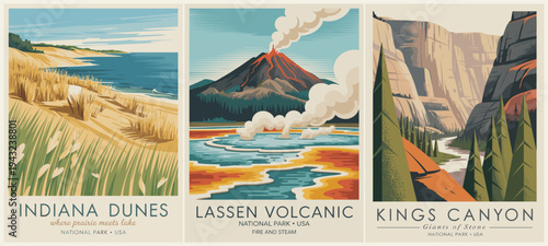 Vintage style national park poster triptych featuring Indiana Dunes, Lassen Volcanic, and Kings Canyon. Flat vector landscapes with dunes, volcano, canyon cliffs, forests and rivers.