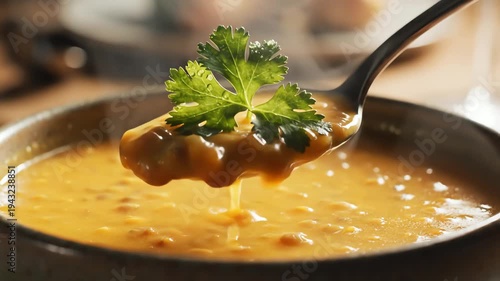 Close up of soup in a bowl with a spoon and garnish overhead shot culinary concept