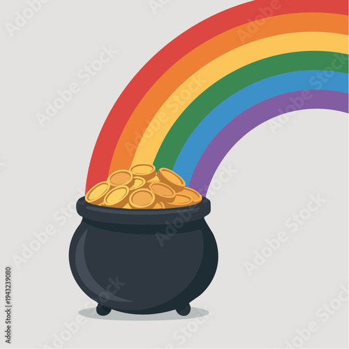 A vibrant rainbow emerges from a black cauldron filled with gold coins in a mystical setting outdoors.