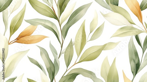 Seamless watercolor pattern of tropical leaves and fronds in blended green hues with subtle yellow and orange accents. Lively nature-inspired design for print and surface applications.