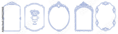 Whimsical baroque frames and renaissance borders. Oval, arch and rectangle shapes with vintage victorian elegance decorated with whimsy lines and squiggles for wedding and birthday invitation cards.