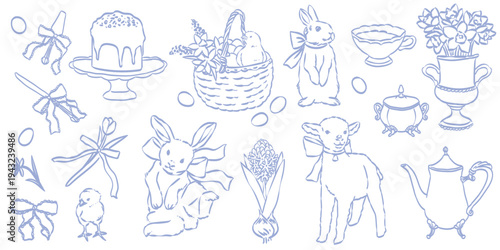 Easter doodle sticker, spring holiday decorative print. Hand drawn cute bunny egg decoration art. Whimsical design elements, badge, seasonal animal, congratulation invitation card. Easter stickers set