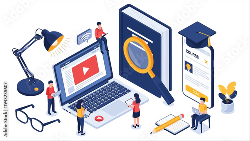 Digital Learning & Online Education Isometric Concept Illustration.