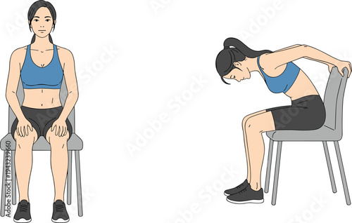 Young woman performing chair stretching exercises for back and shoulders in front and side view flat vector illustration.