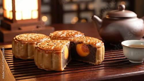 Close up of traditional pastries with tea set