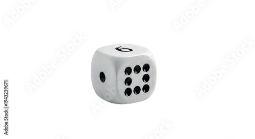 A single white die showing the number six on a white background, representing chance and luck.