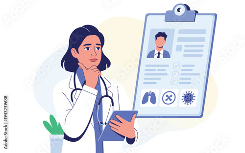 Thoughtful female doctor reviewing patient medical history and health data on a clipboard