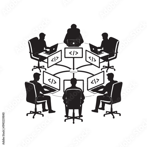Black silhouette of developers working at round table with code symbols