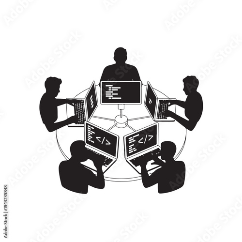 Black silhouette of developers working on laptops in a circle
