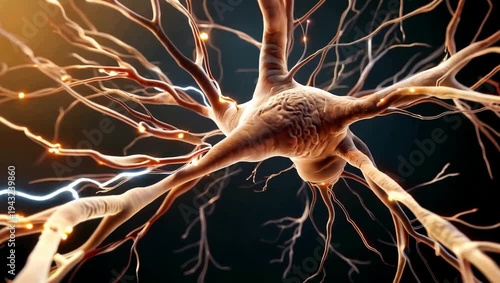 Detailed 3D Neuron Cell with Electrical Impulses Representing Brain Activity