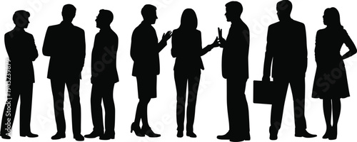 Silhouette illustration of diverse business professionals in conversation, corporate attire, teamwork, networking, collaboration, leadership, workplace diversity, professional meeting, communication