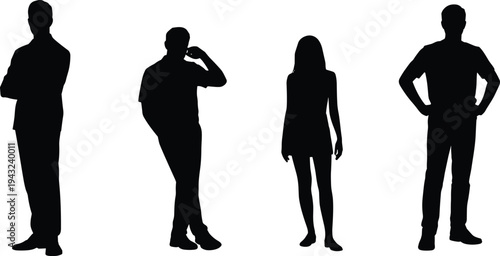 Silhouette illustration of diverse people standing in different poses, human body language, posture study, nonverbal communication, lifestyle concept, artistic design, animation reference