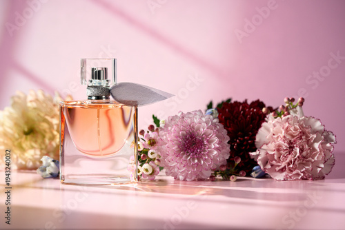 Luxury Perfume Bottle with Flowers on Soft Pink Background French Women's Cologne Atomizer Still Life