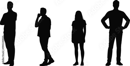 Silhouette illustration of diverse people standing in different postures, human body language, gesture study, lifestyle concept, nonverbal communication, artistic design, animation reference