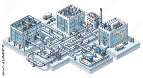 Isometric Industrial Manufacturing Plant Complex.